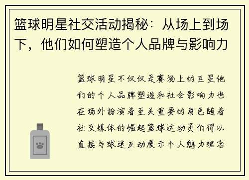 篮球明星社交活动揭秘:从场上到场下,他们如何塑造个人品牌与影响力 篮球明星社交活动揭秘:从场上到场下,他们如何塑造个人品牌与影响力
