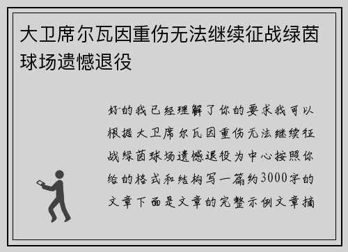 大卫席尔瓦因重伤无法继续征战绿茵球场遗憾退役