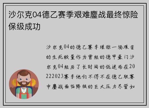 沙尔克04德乙赛季艰难鏖战最终惊险保级成功 沙尔克04德乙赛季艰难鏖战最终惊险保级成功