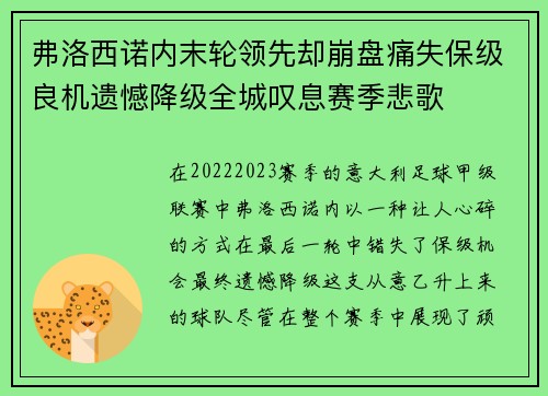 弗洛西诺内末轮领先却崩盘痛失保级良机遗憾降级全城叹息赛季悲歌